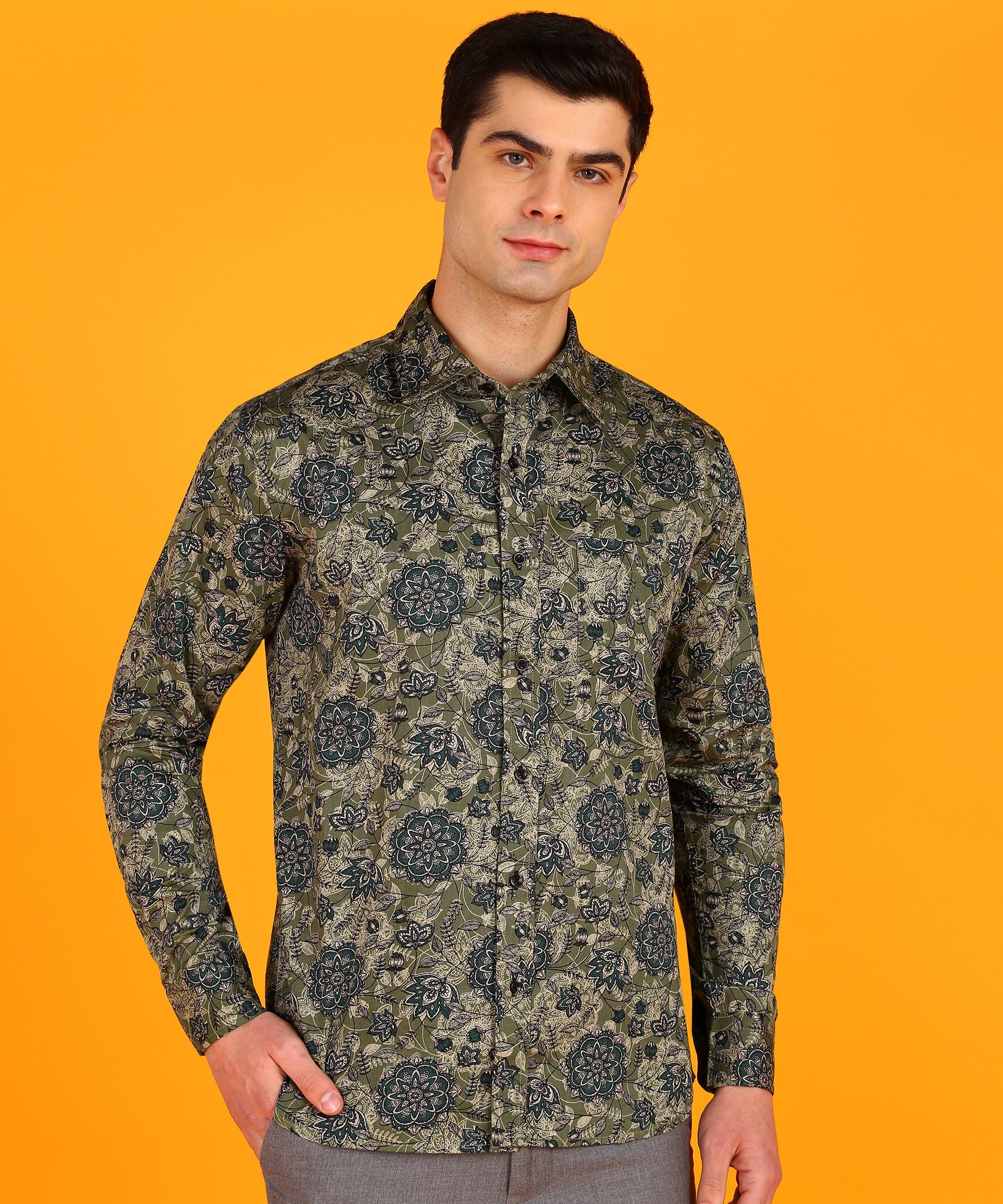 Men's Blue & Olive Green Floral Print Shirt