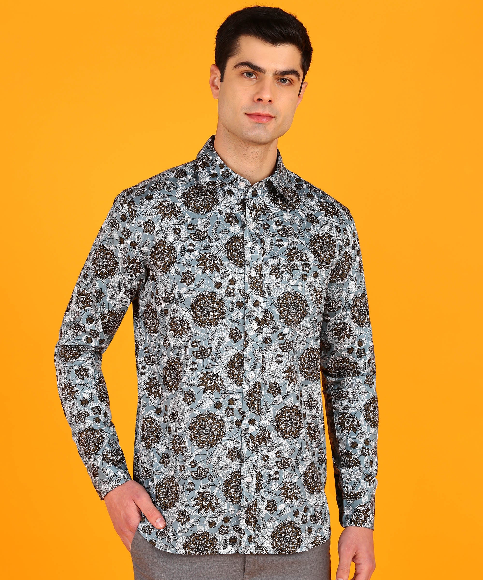 Men's Light Grey & Brown Floral Print Shirt