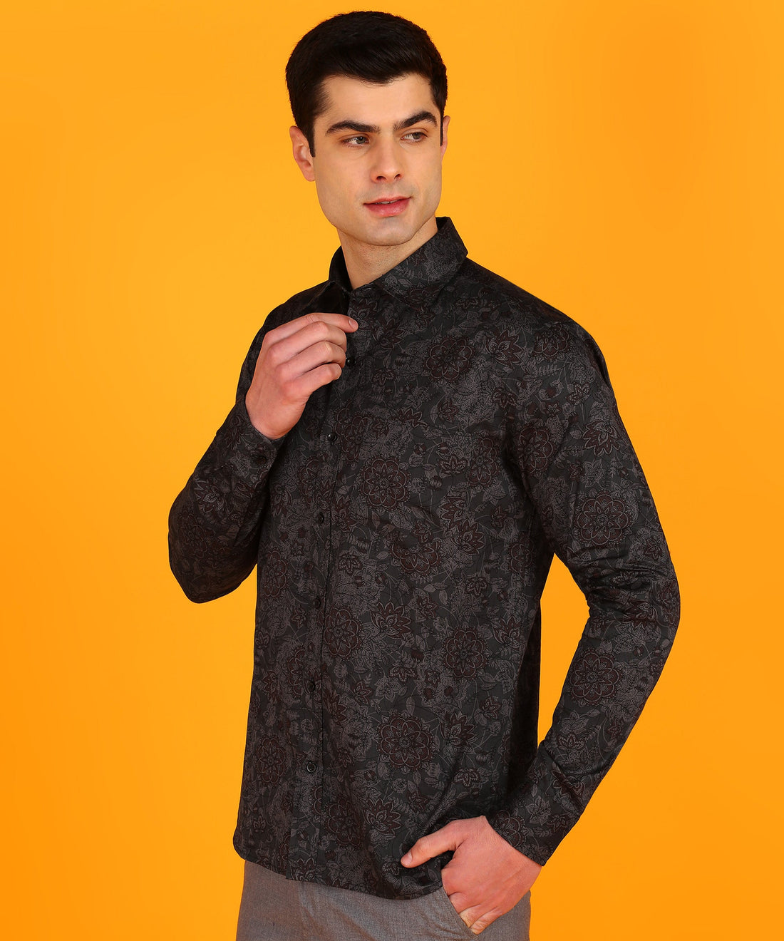 Men Dark Grey & Brown Floral Print Shirt