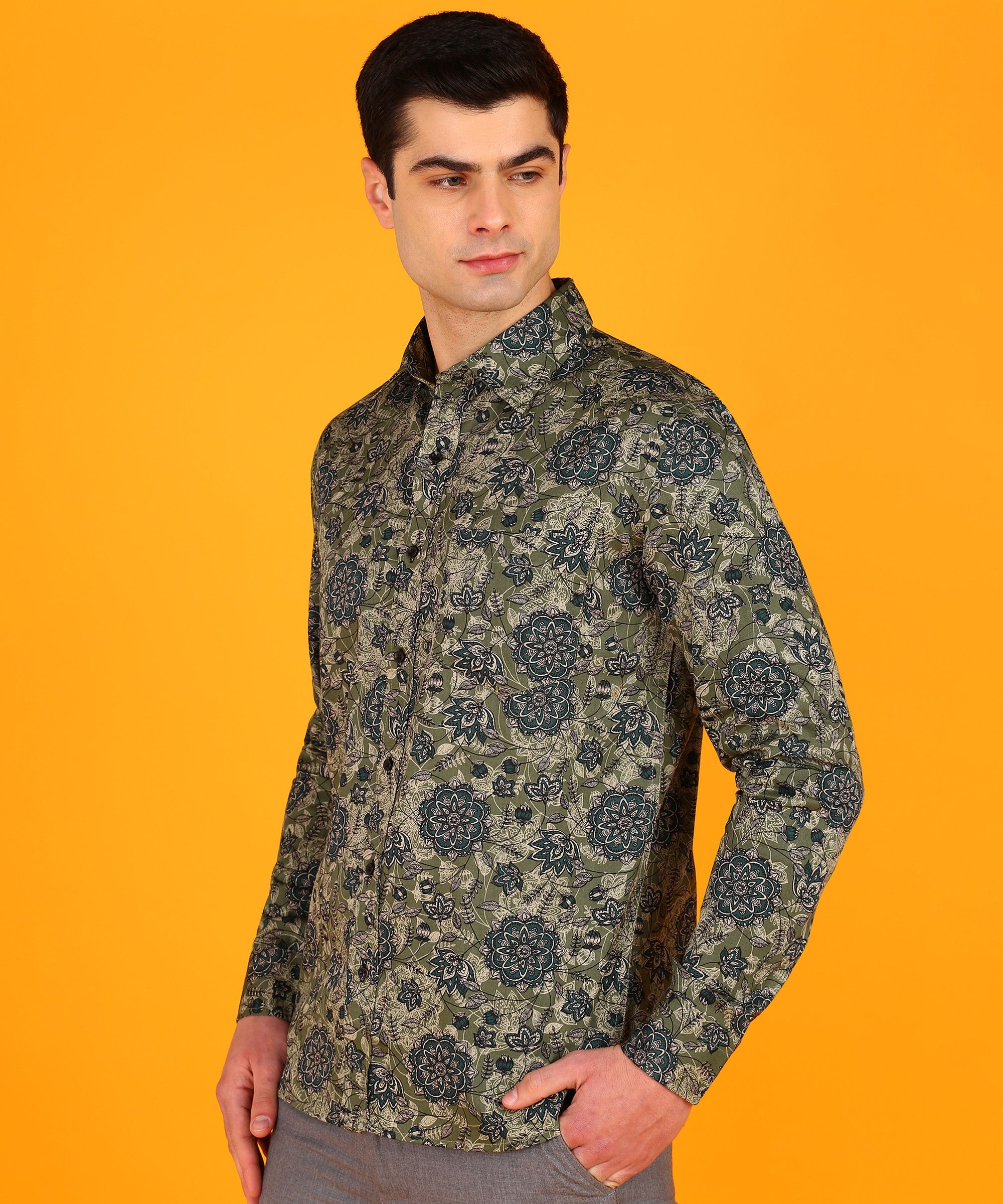 Men's Blue & Olive Green Floral Print Shirt