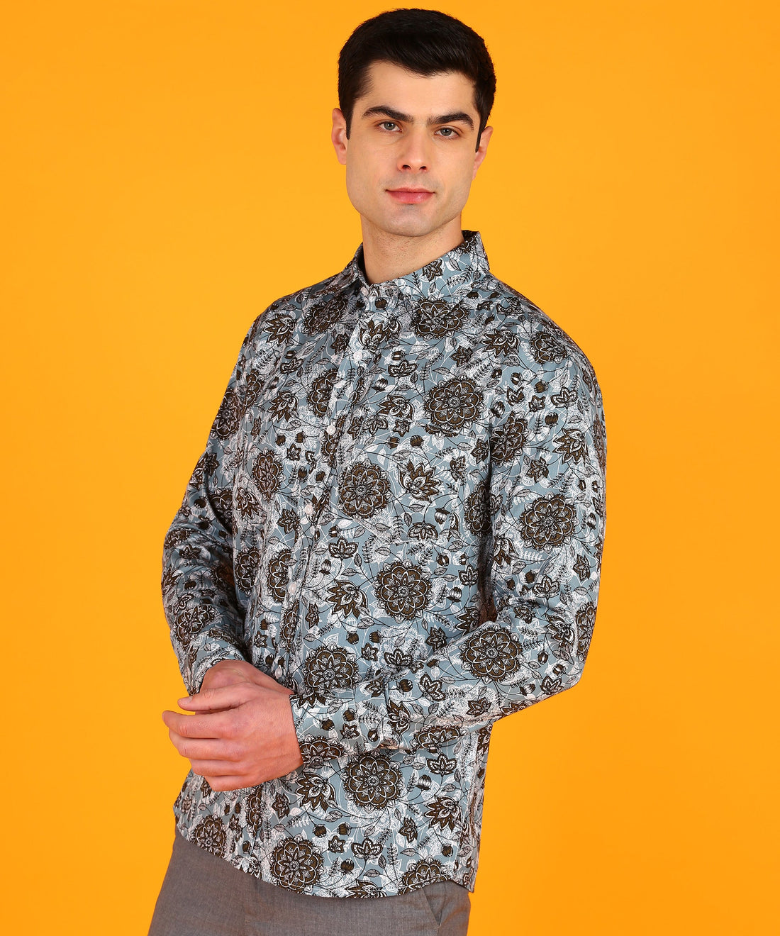 Men's Light Grey & Brown Floral Print Shirt