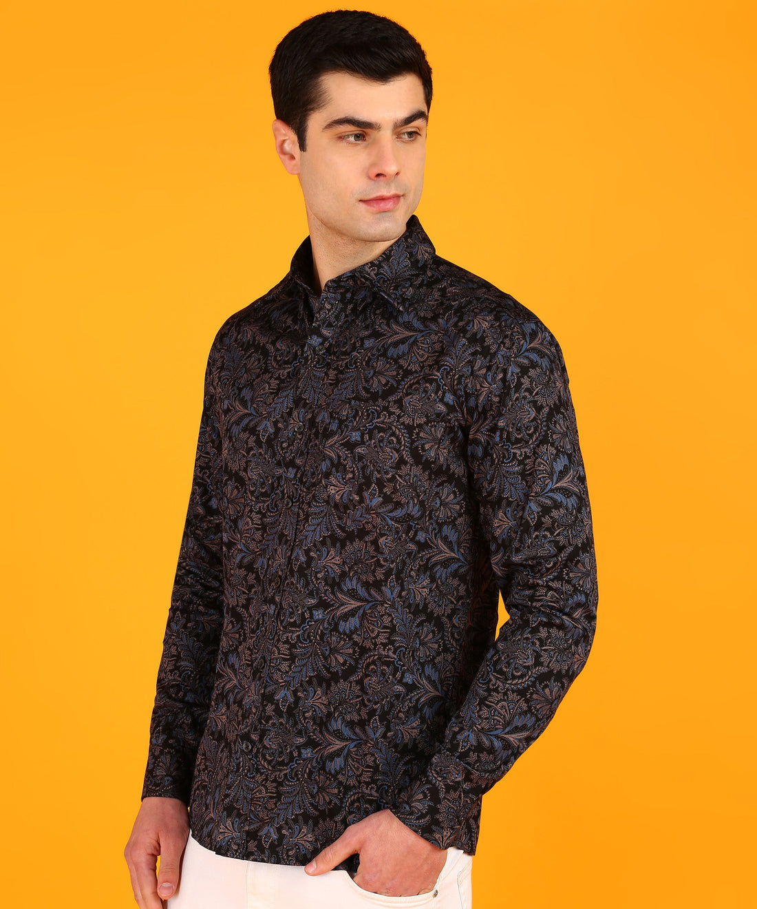 Men Blue & Pink Leaf Motif Black Shirt