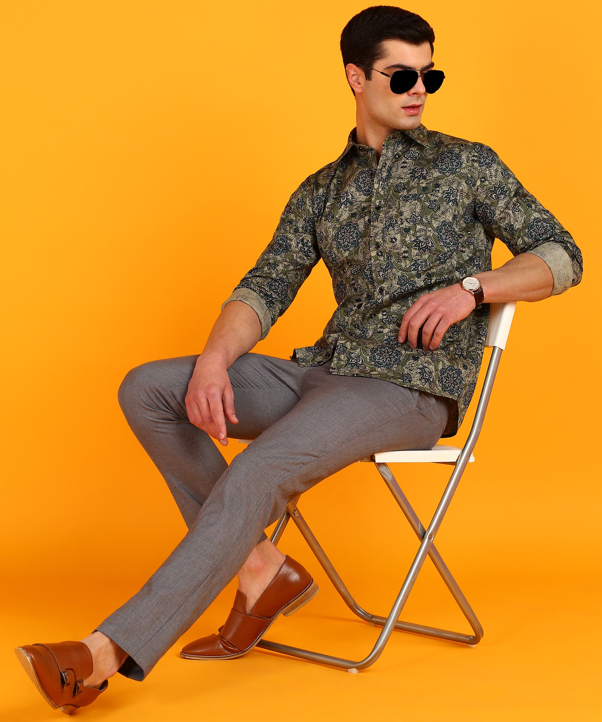 Men's Blue & Olive Green Floral Print Shirt