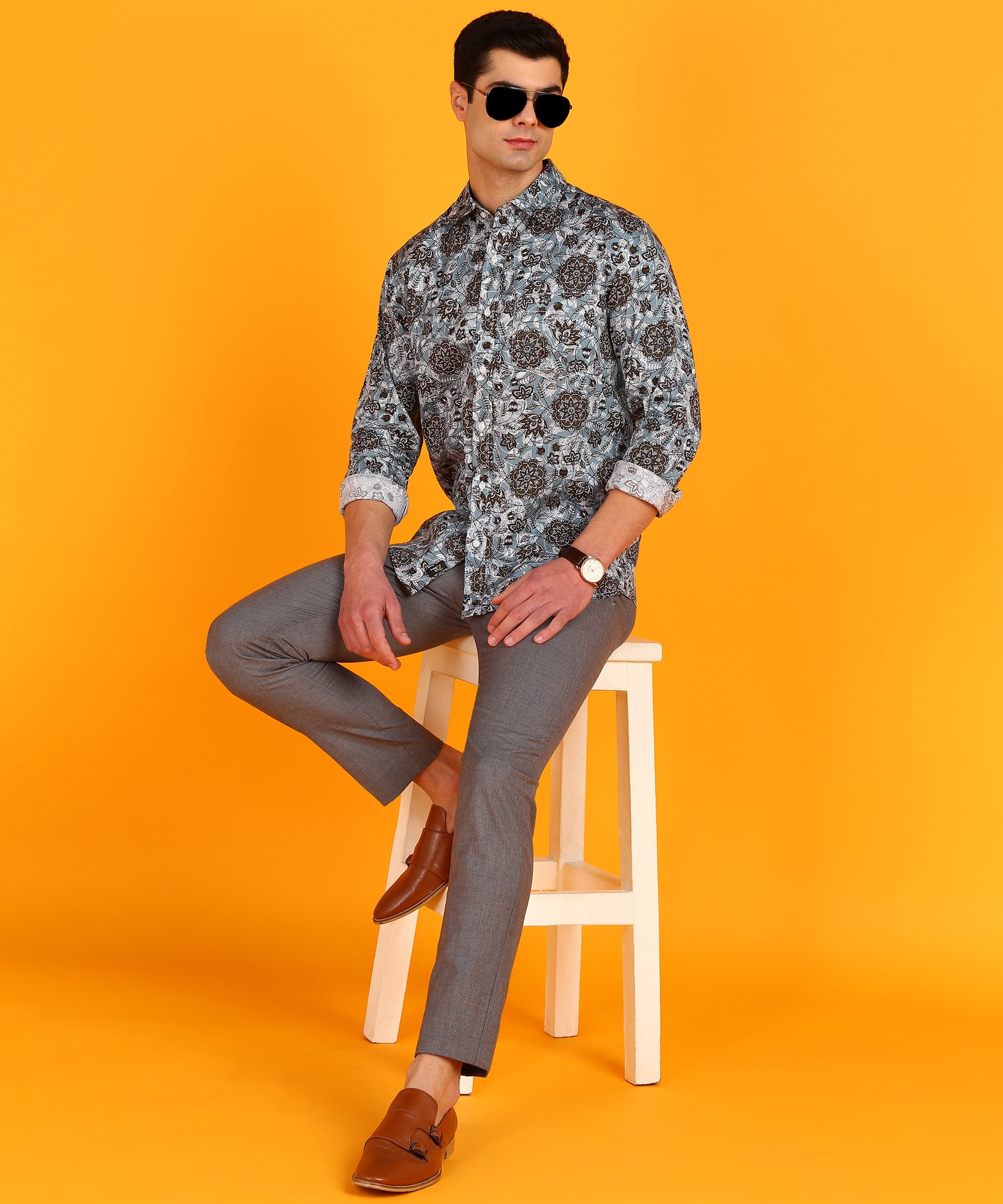 Men's Light Grey & Brown Floral Print Shirt