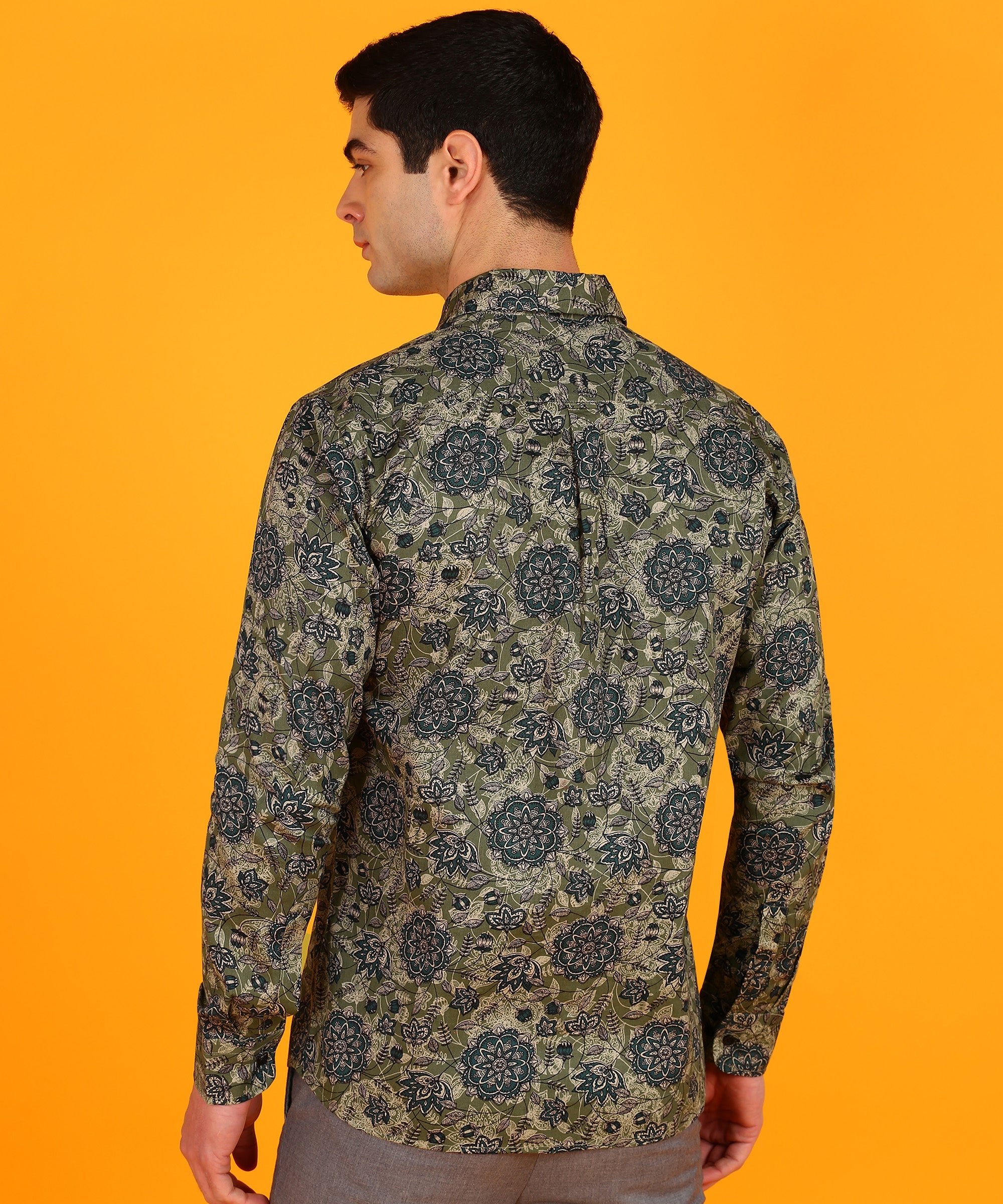 Men's Blue & Olive Green Floral Print Shirt
