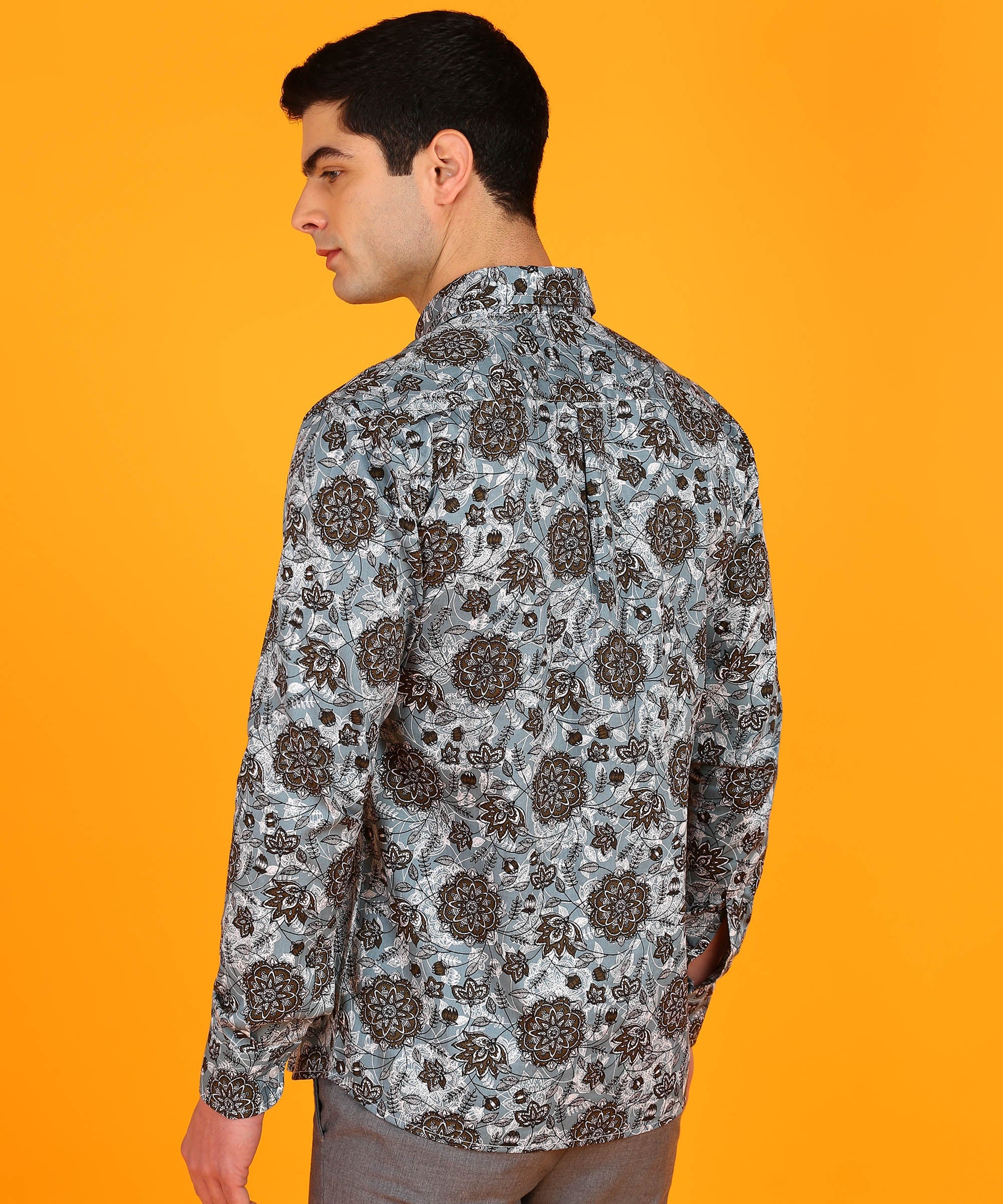 Men's Light Grey & Brown Floral Print Shirt