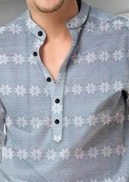 Men's Printed Spread Collar Casual Shirt Grey