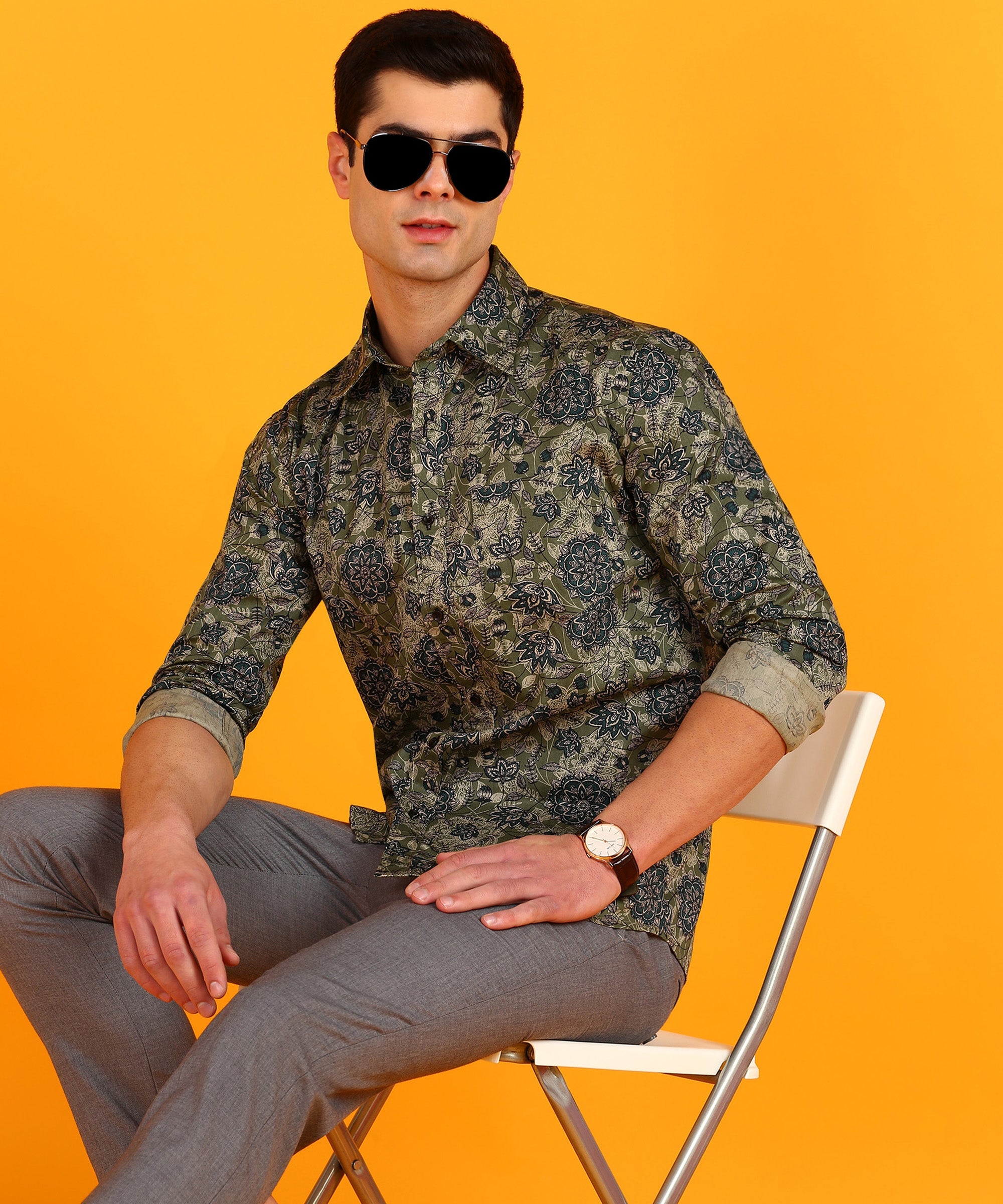 Men's Blue & Olive Green Floral Print Shirt