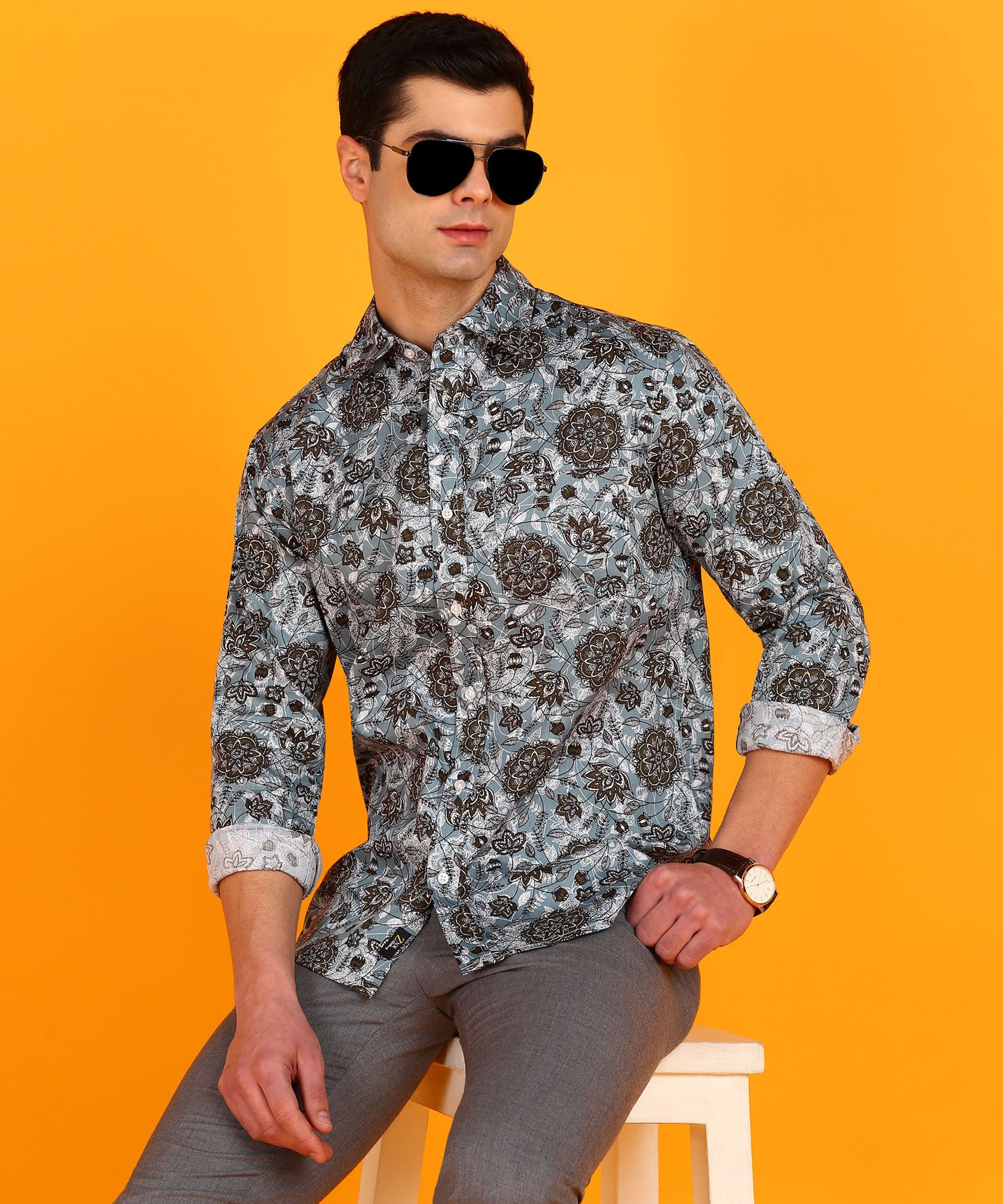 Men's Blue & Olive Green Floral Print Shirt