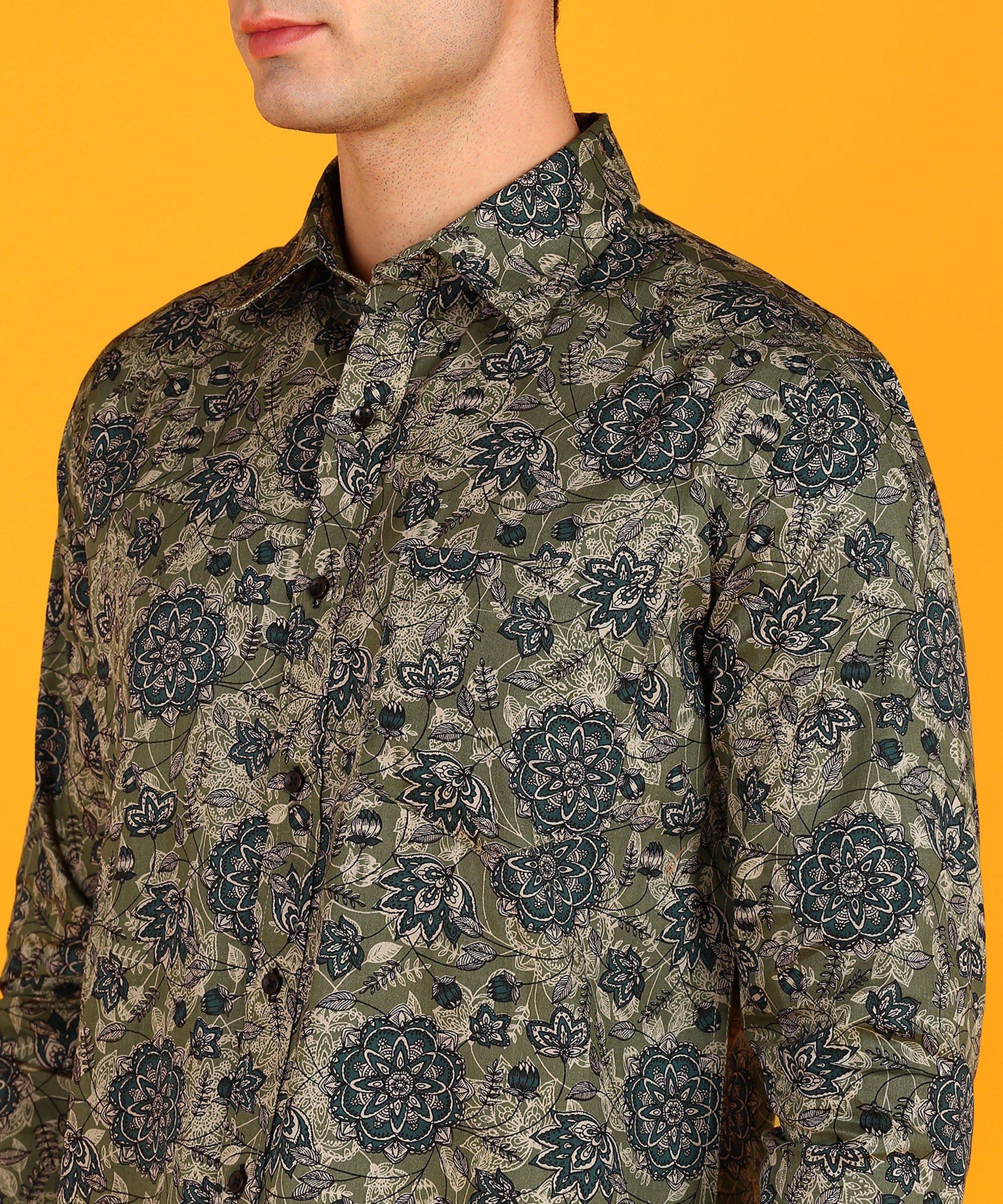 Men's Blue & Olive Green Floral Print Shirt