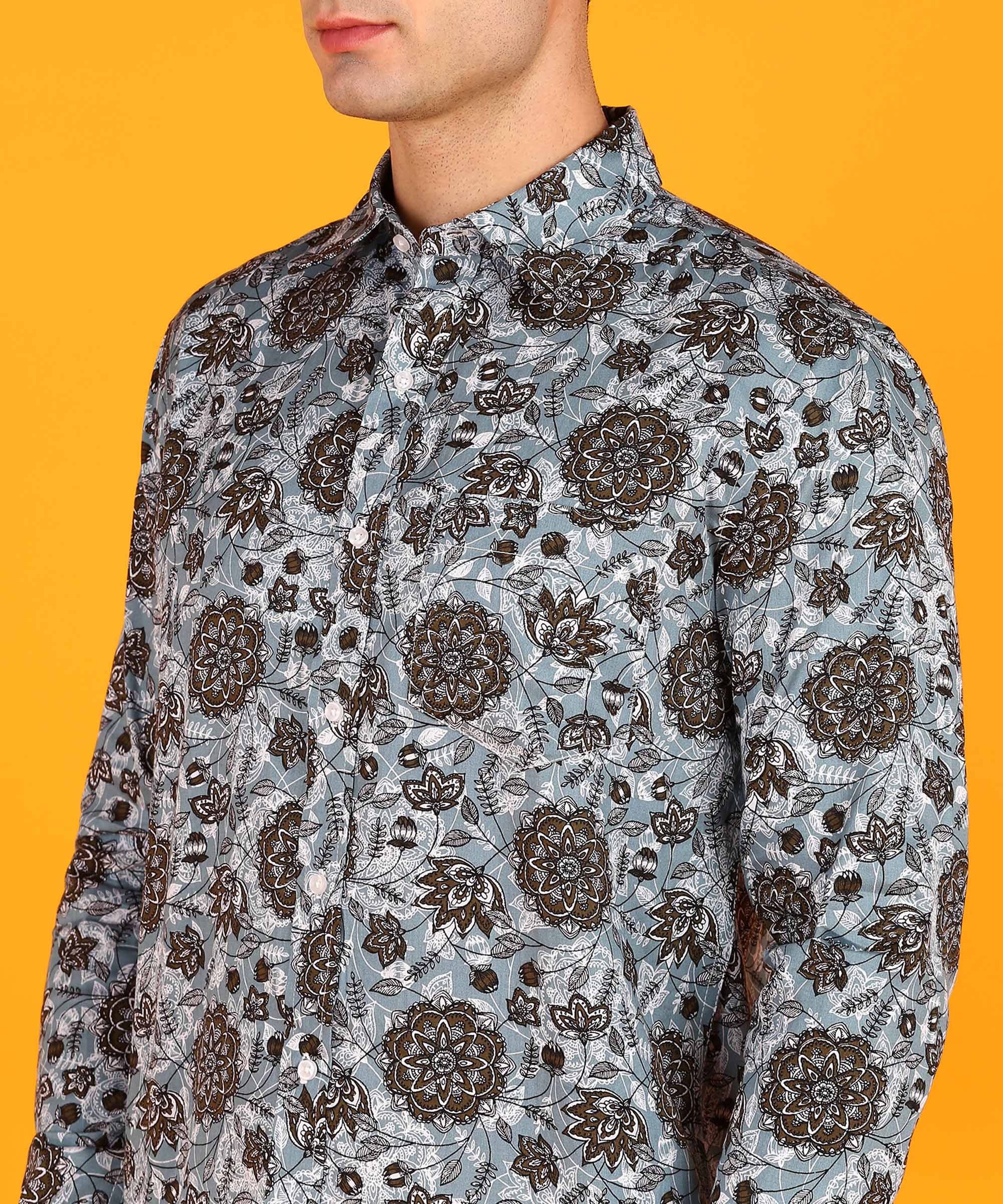 Men's Light Grey & Brown Floral Print Shirt