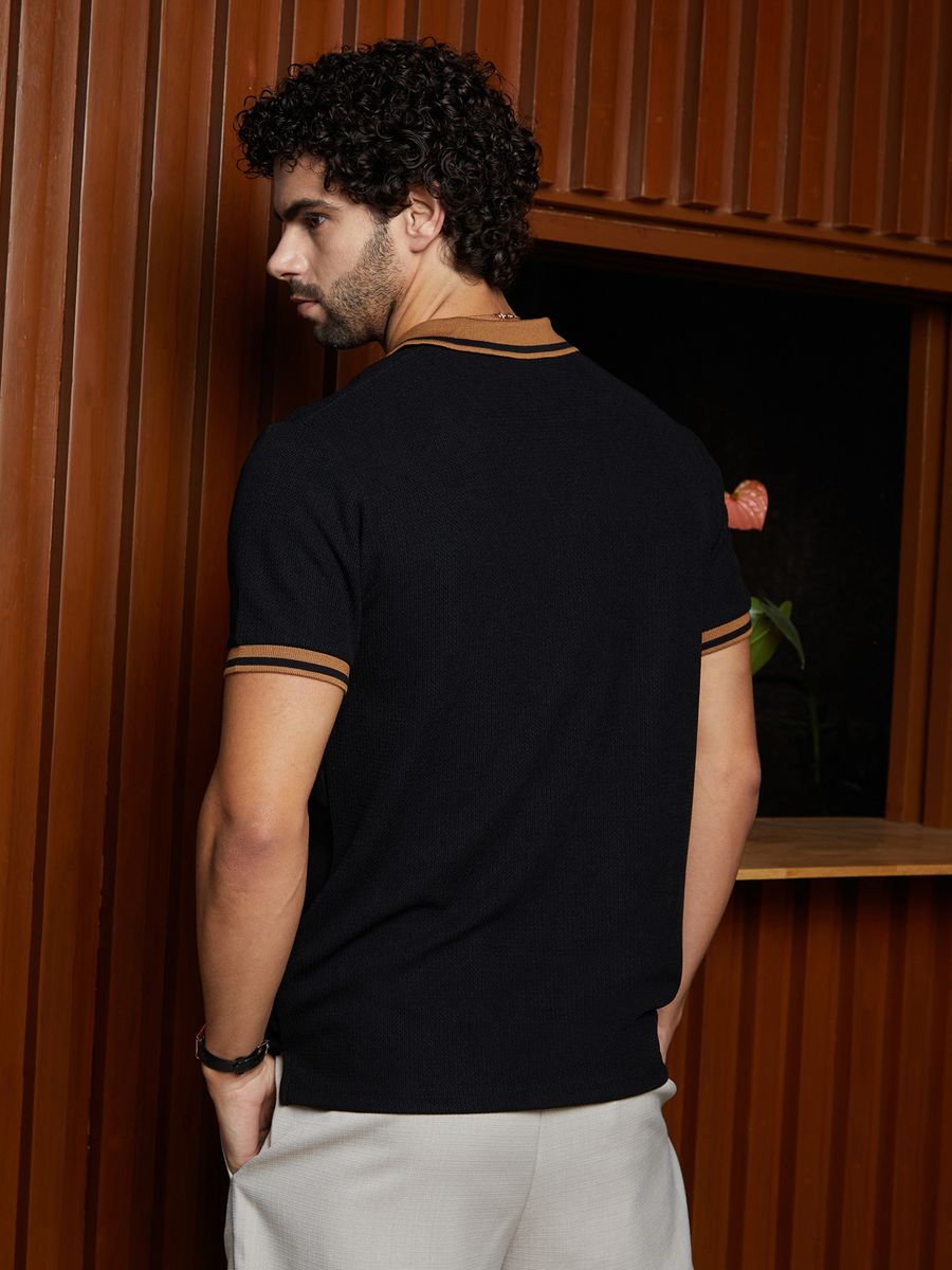 Men’s Black Polo T-Shirt with Contrast Tan Collar