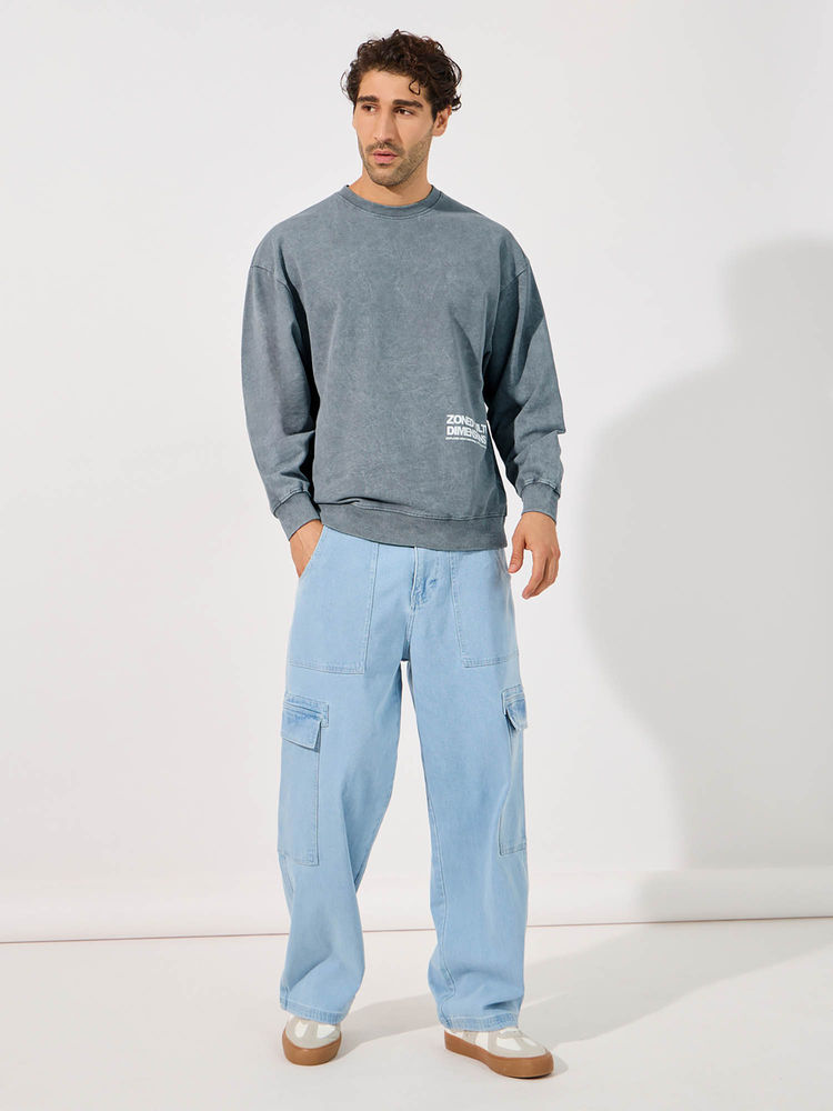 Men Acid Wash Minimal Print Boxy Fit Blue Sweatshirt