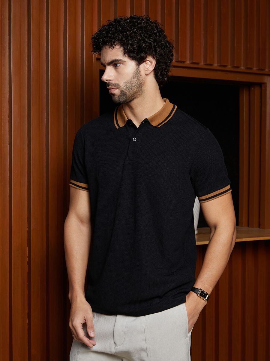 Men’s Black Polo T-Shirt with Contrast Tan Collar