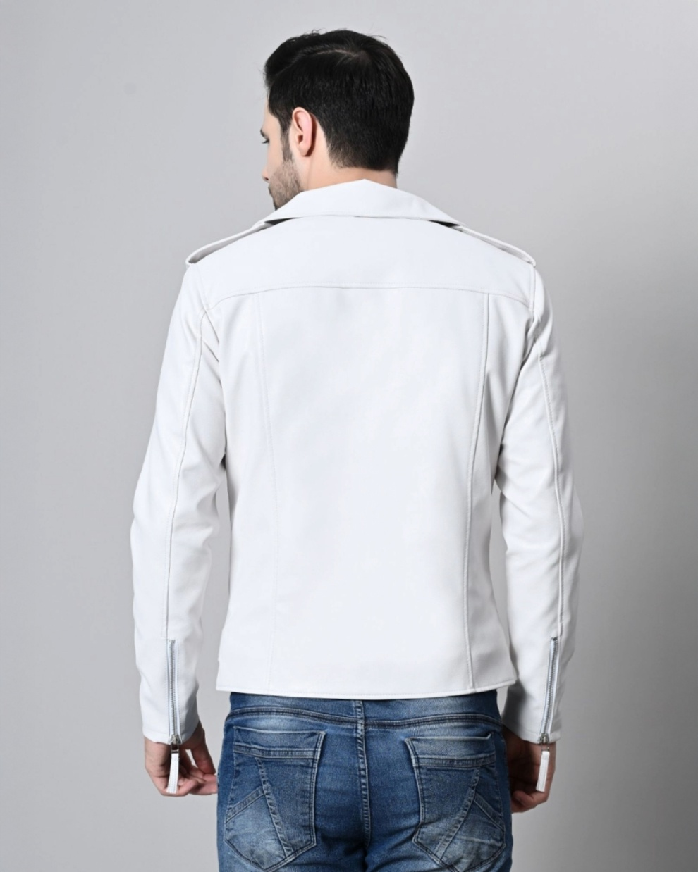 Men’s White Leather Biker Jacket